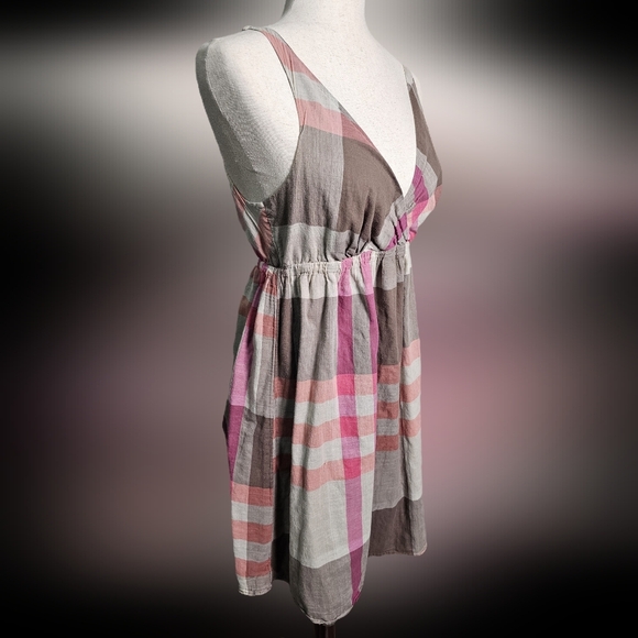 Plaid Mini Brown and Pink Deep V Casual Cotton Fit & Flare Dress Fully Lined Sm - Picture 5 of 13
